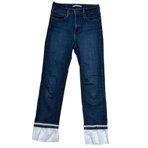 Levi’s 724 High Rise Straight Jeans Lace Eyelet Cuff Dark Wash Feminine 28 Flaw